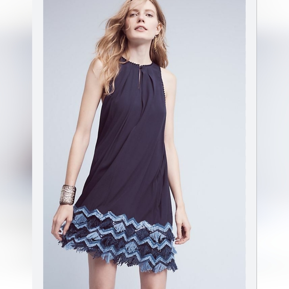 anthropology‎ Maeve Navy Blue Sequin Fringe Fringe Sleeveless Short Dress Sz 2